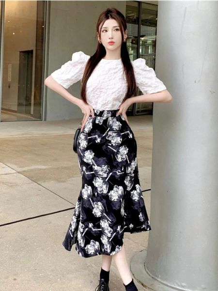 Vestidos de trabalho vestido de verão jacquard elegante primavera magro pulôver manga bufante top cintura alta saia estampada terno duas peças conjunto feminino roupa 2023