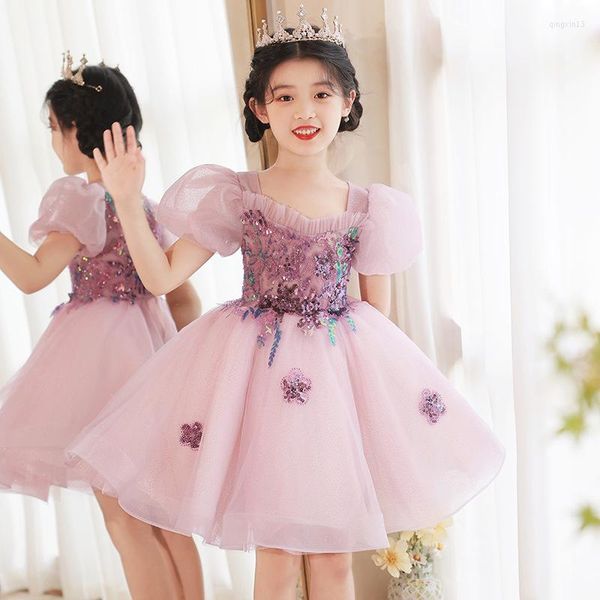 Ethnische Kleidung Mädchen Prinzessin Pailletten Hochzeitskleid Kinder Kinder Elegant Rosa Tüll Partykleid Vestidos
