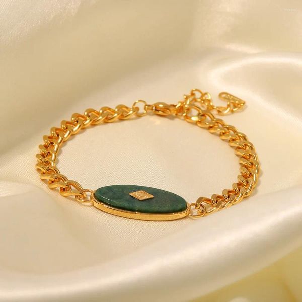 Link pulseiras moda pulseira 18k banhado a ouro retro incrustado africano jade titânio aço tendência para mulher