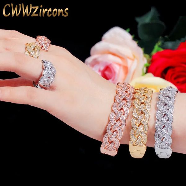 Conjuntos de jóias de casamento CWWZircons Luxo Big Africano CZ Pulseira Anel Conjuntos Moda Dubai Ouro Prata Banhado Jóias para Mulheres Festa de Casamento T373 231101