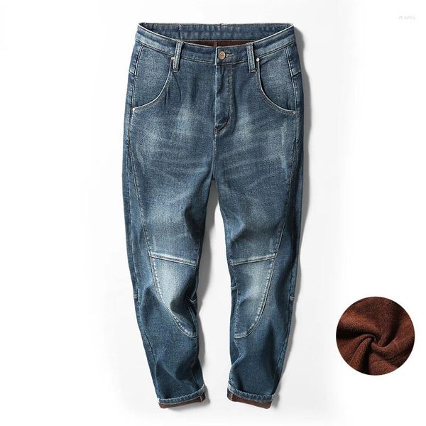 Jeans masculinos inverno quente homens velo forrado harem calças engrossar elástico solto ajuste azul masculino marca mais veludo tamanho grande 40 42