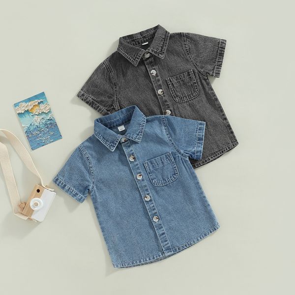 Kinderhemden 16 Jahre Kinder Jungen Jeanshemden Baby Sommerkleidung Kleinkind Einfarbig Kurzarm Button-Down-T-Shirt Kinder Casual Tops 230331