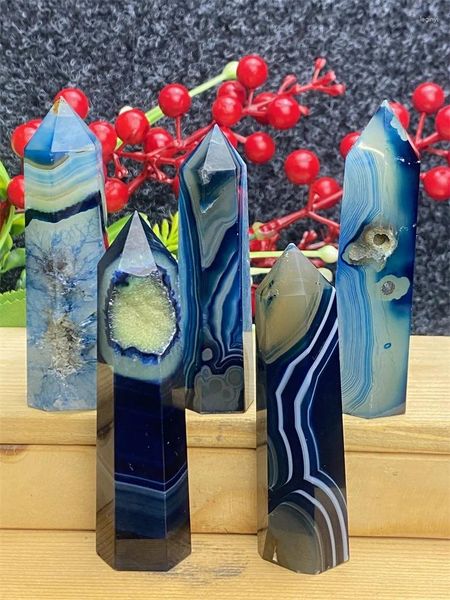 Estatuetas decorativas Pedra Natural Azul Seda Padrão de Renda Torre de Cristal de Ágata Decoração de Casa Varinha Reiki Cura Meditação Chakra Pedras Preciosas