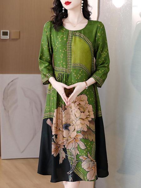 Abiti casual 2023 abito longuette in seta floreale verde vita ampia primavera estate abiti eleganti da festa donna coreana vintage ballo di lusso