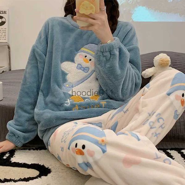 Frauen Schlaf Lounge Herbst Winter Warme Flanell Frauen Pyjamas Set Lang-schlitten Hosen Zwei-stück Set Nette Weiche Hause Tragen Kleidung für Frauen L231102