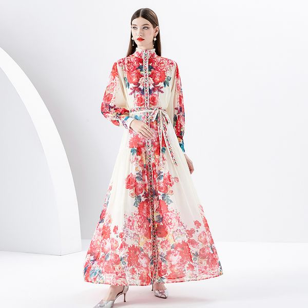 Retro floral mulheres maxi vestido com cinto designer de luxo lanterna manga gola férias vestidos boêmios 2023 primavera outono elegante ajuste runway festa vestidos