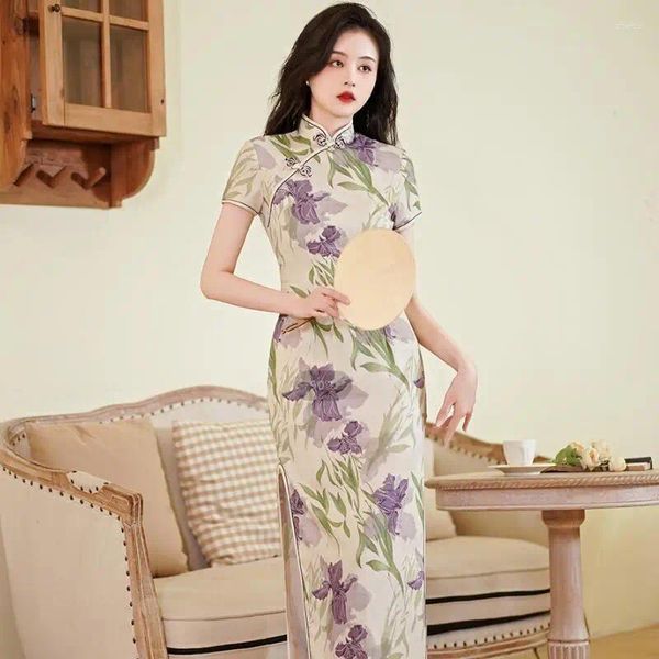 Roupas étnicas 2023 Primavera Verão Estilo Nacional Cheongsam Vintage Slim Fit Moda Qipao Cetim Plus Size Longdress