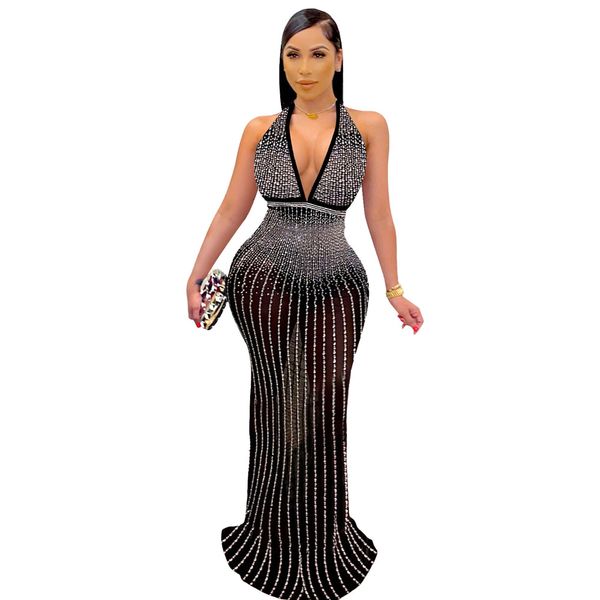 Designer Sexy Diamonds Abiti Donna Plus Size 3XL Luxury Halter Backless Maxi Dress Mesh See Through Elegante abito da sera Party Clubwear Abiti all'ingrosso 10338