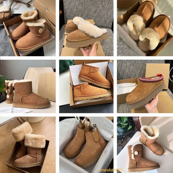 botas de grife de neve mulheres australianas botas ugh bailey castanha fivela de inverno pele neve meio joelho curto senhora ugli e cabelo de lã botas aaugglis chinelo topshoesfactory