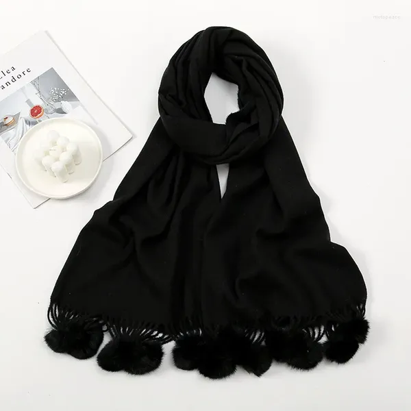 Eşarplar Moda Kış Kalın Battaniye Kaşmir Şal Eşarp Kürk Pom Tassel Sıcak Pashmina Poncho Echarpe Foulards 190 70cm