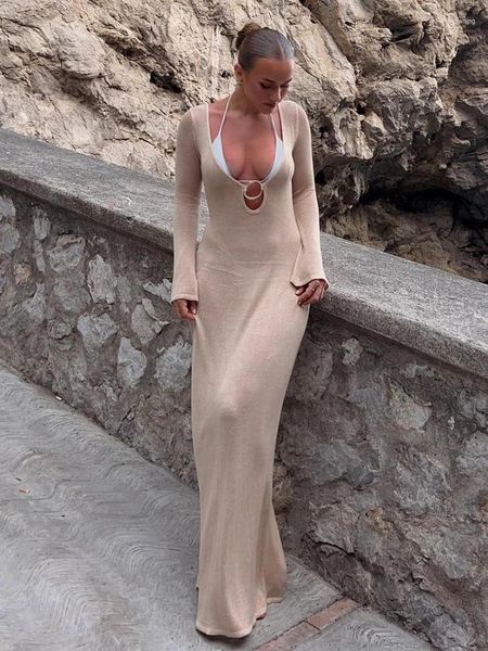 Casual Kleider Elegante Tiefe V-ausschnitt Sexy Plunge Maxi Kleid Gestrickte Urlaub Open Back Langarm Strand 2023 Mode Outfits vestido