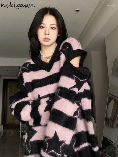 Kadın Sweaters Harajuku Büyük Boy Süveter Kadın Giyim Yıldız Çizgili Moda Jumper Omuz Kapalı Omuz Gündelik Y2K Sak kazıklar Sueter