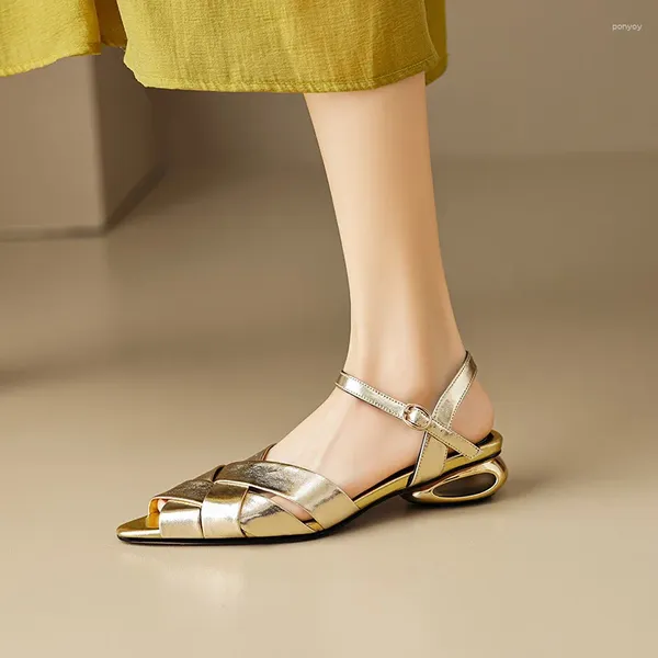 Sandali Phoentin 2023 Peep Toe da donna estivi Tessuto design elegante Tacchi bassi Scarpe da festa Donna Sandalo oro argento FT2689