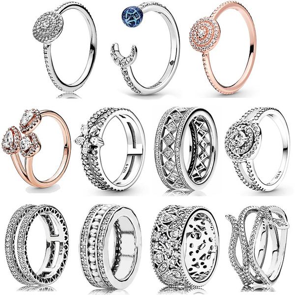 925 Silber Frauen passen Pandora Ring Original Herz Krone Mode Ringe wirbelnde Schlange schimmernde Blätter elegant funkeln für immer dickes Band