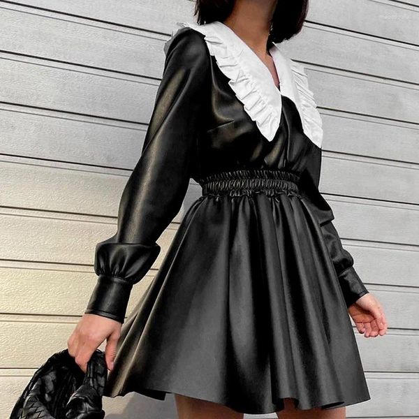 Sıradan Elbiseler W2023 Sonbahar ve Kış Kore Pu Deri Etek Elbise Tatlı bebek yakalı bel yüksek kollu siyah punk sokak kız