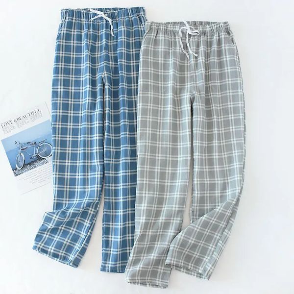 Мужская одежда для сна, хлопковые длинные пижамные штаны в клетку на весну, лето и осень, тонкие с боковыми карманами на веревке на талии 231102