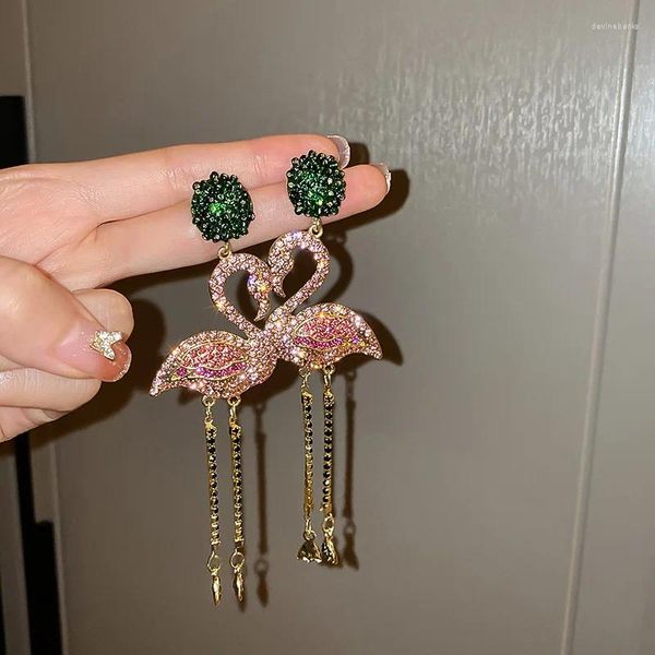 Dangle Küpe Pembe Flamingo Kristal Kadınlar İçin Bijoux Uzun Kuşlar Tassel Rhinestone Beyan Mücevher Hediye Partisi