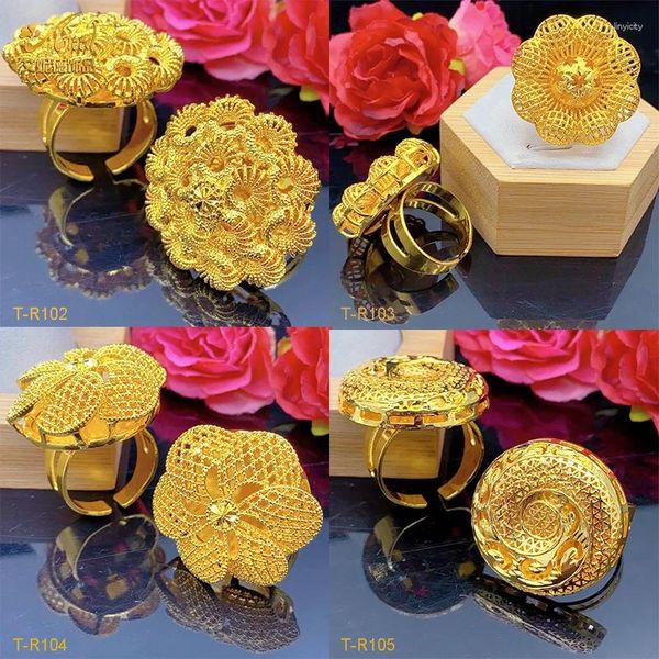 Hochzeit Ringe ANIID Dubai Arabisch Luxus Blumen Ring Kupfer Schmuck Für Afrikanische Frauen Braut Gold Farbe Einstellbare Zubehör 24K