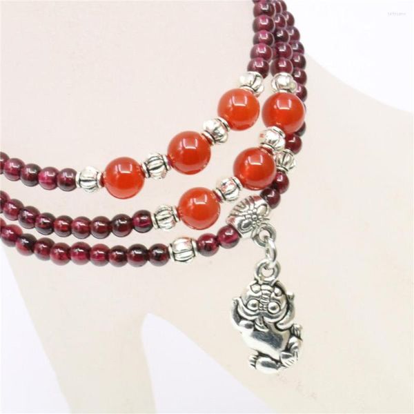 Strand 3row 4mm Vinho natural Red Garnet Stone Tibeta Silver Kirin Pingente Redes redondas Bracelete de joias femininas Presente de moda Y699