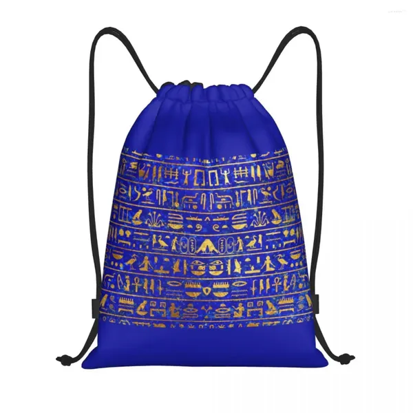 Sacos de compras Azul Lapis e Hieróglifos de Ouro Cordão Homens Mulheres Portátil Esportes Ginásio Sackpack Antigo Egito Arte Treinamento Mochilas