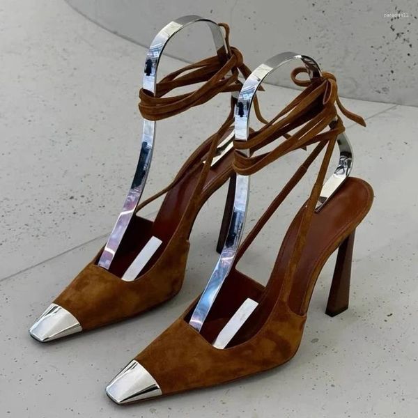 Elbise ayakkabıları retro süet çapraz kayışlar yüksek topuklu kadınlar pompalar metal kare baş seksi roman sandalet sığ moda tasarımcı tacones mujer
