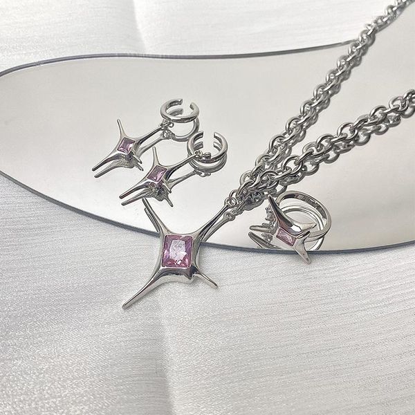 Brincos de argolas Design Pink Crystal Star Clip para mulheres colar de pingente brilhante anel aberto sem piercings clipes de jóias da moda
