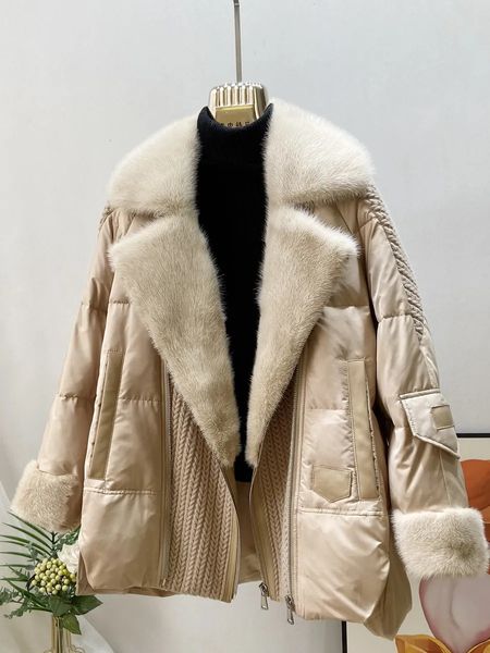 Mulheres para baixo parkas moda outono inverno real casaco de pele de vison feminino natural pena de ganso jaqueta de luxo para baixo capuz de pele feminina 231102