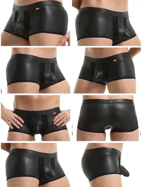 Mutande Gioventù U Custodia convessa Intimo per uomo Pantaloncini boxer in pelle laccata Gay Gun Egg Split Mesh Aro Pantaloni Mutandine sportive