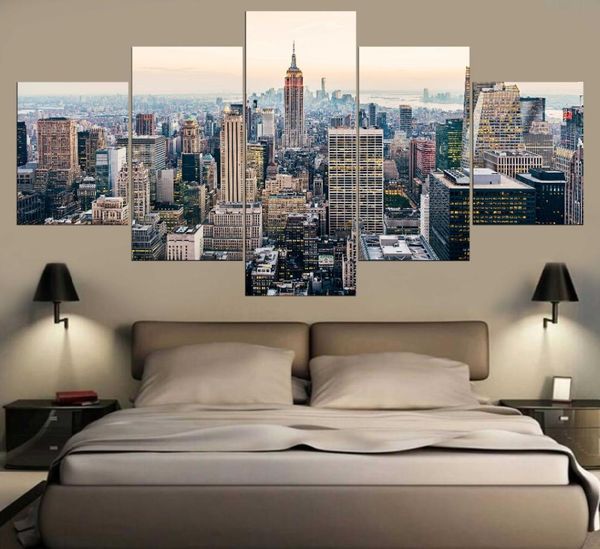 HD-gedruckte 5-teilige Leinwandkunst, New York City, Manhattan, Wolkenkratzer, Landschaftsmalerei, modulare Wandbilder für Wohnzimmer, Paintin8767607