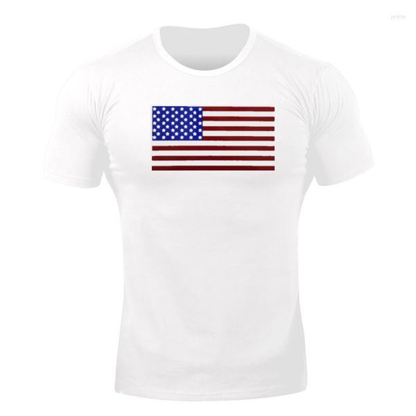 Erkek Tişörtler Erkek Amerikan Bayrağı Baskı Kısa Kollu Fitness Açık Spor Koşu Tayt Vücut Geliştirme Kas Spor Salonu Eğitim Sıkıştırma