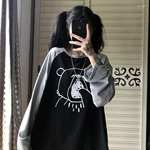 Mulheres Camisetas Dos Desenhos Animados Camisa Oversized Mulheres Patchwork Top 2023 Manga Longa Tees Solto Americano Retro Camisetas Femme Roupas Vintage