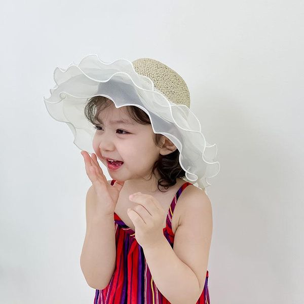Chapéus largos com borda Sol de renda para crianças lateral lateral de praia feminina chapéu de cúpula Fringe Kids Princess Summer Panamá