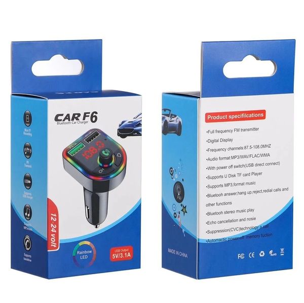 F6 Auto-Bluetooth-FM-Transmitter-Kit, Handy-Ladegerät mit bunten Lichtern, 3,1 A, Dual-USB-Schnellladeadapter, kabelloser Audio-Receiver, Freisprech-MP3-Player