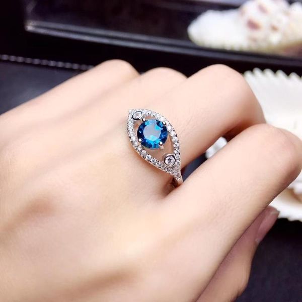 Anelli a grappolo Stile occhio Anello con topazio naturale blu oceano Anello in argento sterling 925 con gemma certificata Pure Clean Ringe Engagement Girl Gift