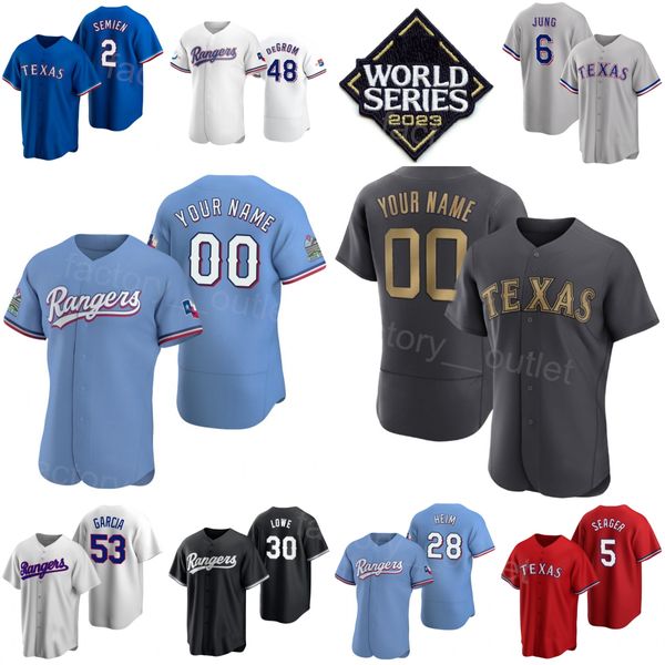 Baseball 53 Adolis Garcia Jerseys 23 24 World Series 28 Jonah Heim 48 Jacob deGrom 5 Corey Seager 30 Nathaniel Lowe 2 Marcus Semien Josh Jung Space City Connect Stitch