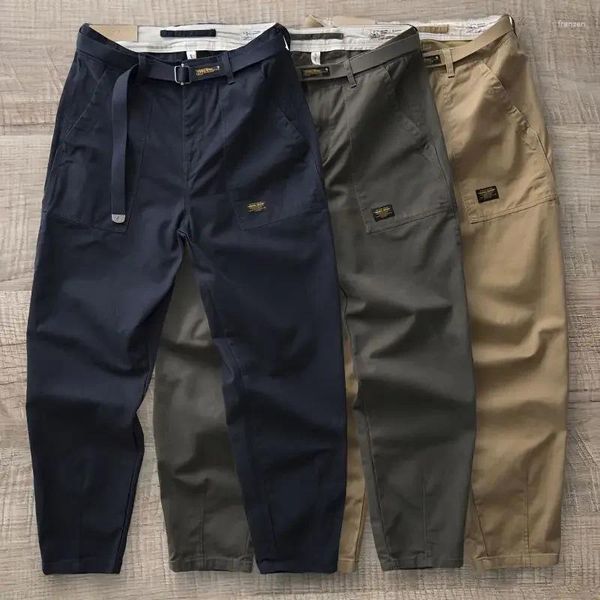 Abiti da uomo Casual Multi-Tasche Pantaloni Cargo 2023 Primavera Autunno Pantaloni da Allenamento di Colore Solido Maschile Vintage Gamba Larga Dritta H40