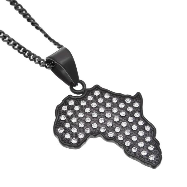 Ketten Einzigartige schwarze Afrika-Karte Anhänger Iced Out Edelstahl Halsketten Inlay Strass kubanische Kette HipHop Schmuck Mann FrauKetten