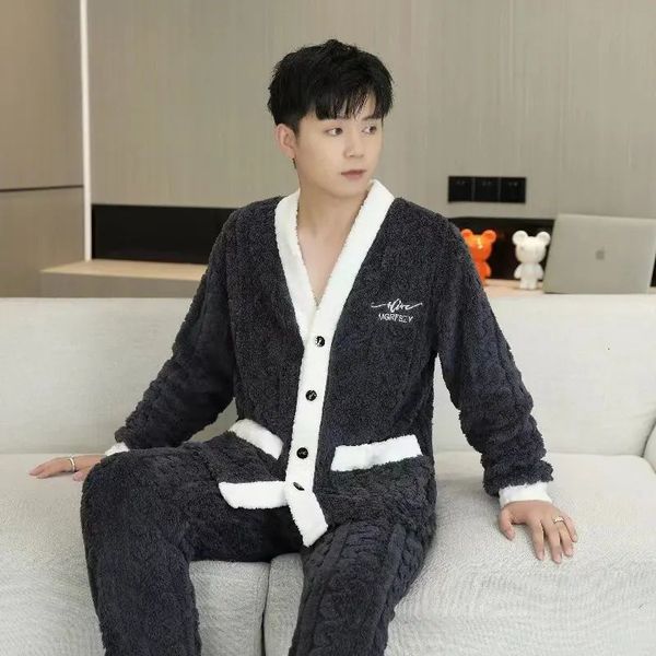 Homens sleepwear coral velo pijama conjunto homens pijamas de inverno cardigan 2 pcs lazer quente flanela nightwear engrossado casa roupas 231102