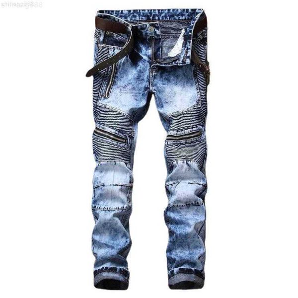 Herrenjeans Neue Herrenjeans Slim Straight Tube Fold Zipper Motorrad Schneeloch Blue Jeans echte Marke