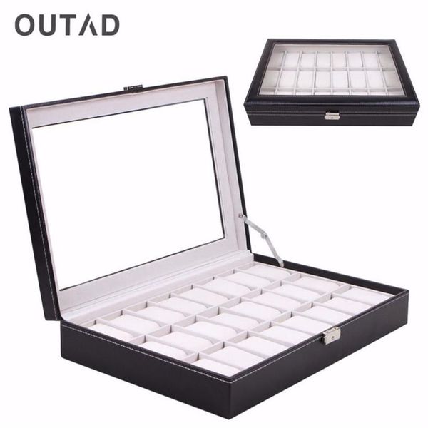 OUTAD Casket 24 Grid Box Watch Box Стеклянный черный кожаный чехол для хранения наручных часов Органайзер Классический держатель Пенопластовая подушка238K