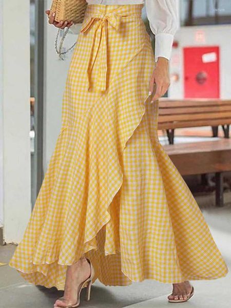 Röcke Celmia Bohemian Maxi 2023 Sommer Frauen Plaid Rüschen Bandage Party Faldas Casual Hohe Taille Asymmetrische Retro Langer Rock