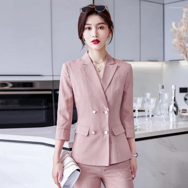 Damen Zweiteilige Hosen Frühling Herbst Mode Rosa Blazer Frauen Business Anzüge Hose und Jacke Sets Büro Damen Arbeitsuniform OL Styles