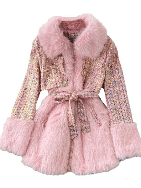 Womens Fur Faux Fur Elegante Lantejoulas Retro MidLength Engrossar Casaco Quente Faux Fox Costura Rosa Fur Mulheres Outono Inverno Trench Coat Overcoat 231101