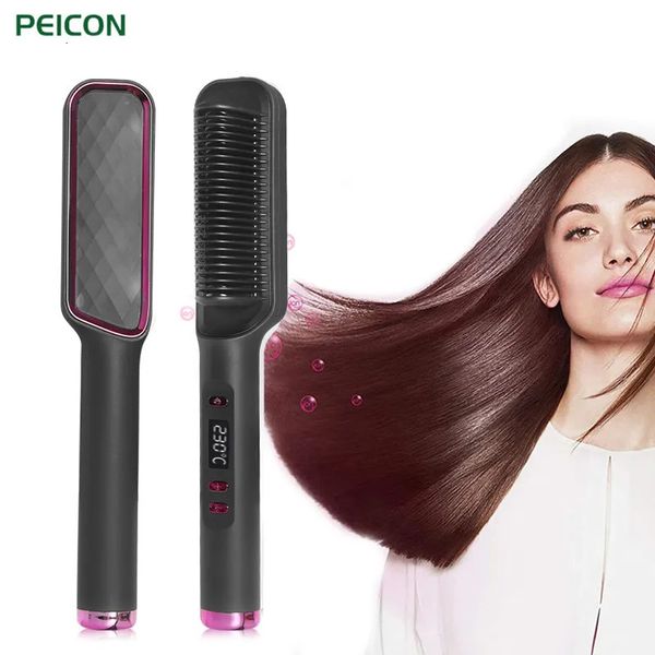 Alisadores de cabelo Escova de alisamento de cabelo Pente de aquecimento rápido Curling Iron Styler Pente elétrico Alisador com display LCD Pente multifuncional 231101