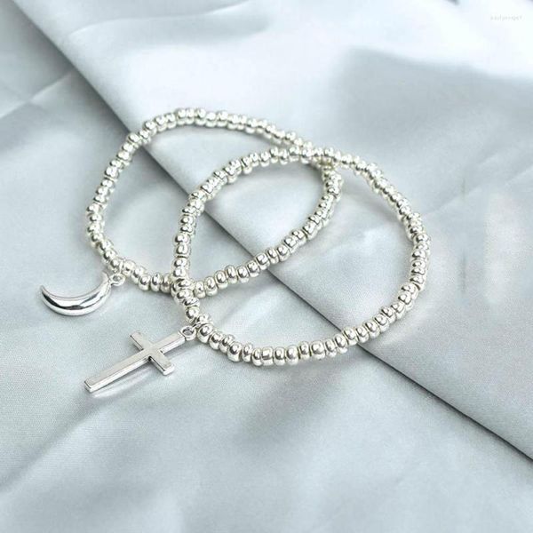 Braccialetti con ciondoli Gioielli fatti a mano da donna in metallo Bracciale con perline elastiche elastiche Braccialetti con luna a croce color argento