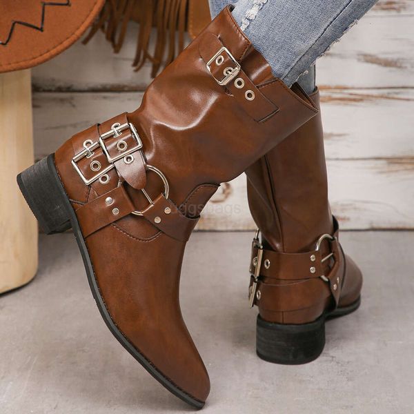 Miui Женские ковбойские сапоги Belt Punk Shoes Western Buckle Martin Boots Home повышенная коричневая средняя бочка Knight Boots H69i