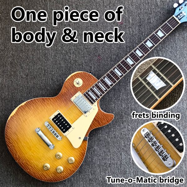 Loja personalizada, feita na China, guitarra elétrica relíquia de alta qualidade, um pedaço de pescoço corporal, encadernação de trastes, ponte Tune-o-Matic, frete grátis