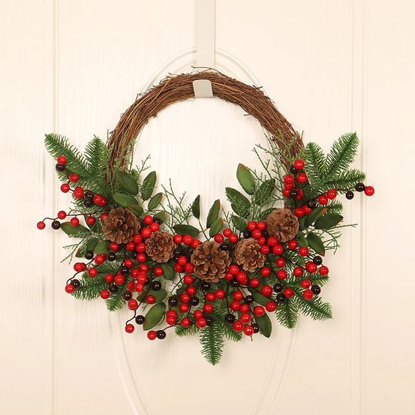 Noel Dekorasyonları Noel Çelenk Pinecone Çelenk Kırmızı Meyve Şenlik Çelenkleri Ön kapı Ev Dekoru 231101