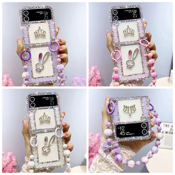 3D-Kaninchen-Bling-Diamant-Hüllen für Samsung Galaxy Z Flip 4 3 Flip4 Zflip4 Fashion Luxury Shinny Hard PC Acryl Crown Bow Strass Lady Phone Back Cover Beads Strap