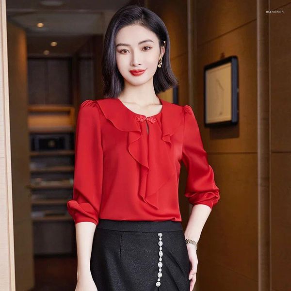 Damenblusen Langarmhemden Elegante rote formelle OL-Stile Damen Business Büro Arbeitskleidung Karriere Professionelle Tops Kleidung